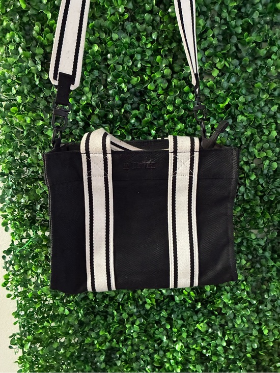 PINK Victoria's Secret Handbags - PINK Victoria's Secret Black Canvas Tote with White Striped Handles